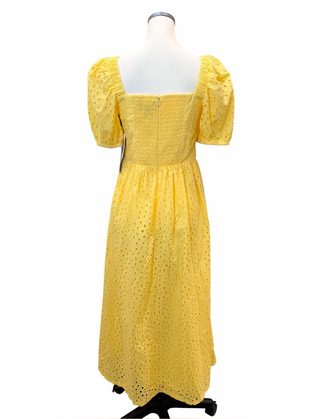 CeCe Eyelet Cotton Midi Dress Square Neck Smocked Puff Sleeve Yellow Small NWT - Picture 6 of 15